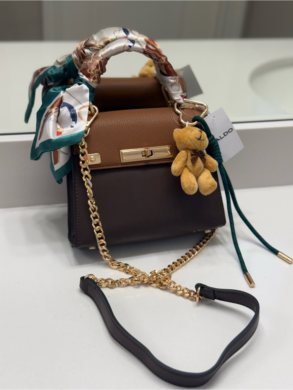 Aldo Two-Tone Brown Satchel with Gold Chain and Scarf Handle 🧸 NWT 🧸